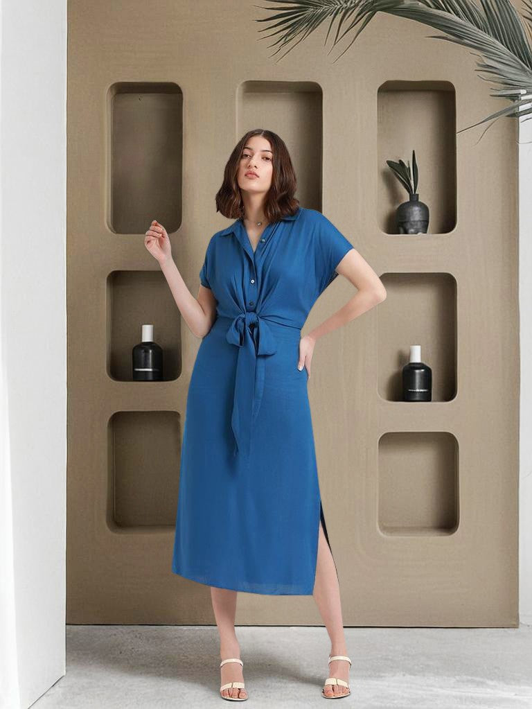 DL Woman Shirt Collar Regular Fit Solid Blue Midi Tie-Up Dress