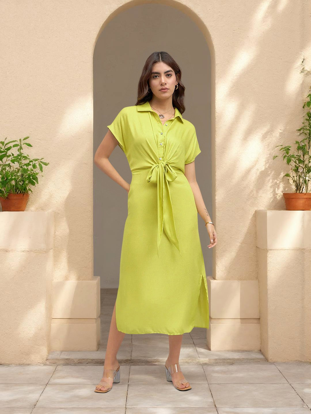 DL Woman Shirt Collar Regular Fit Solid Green Midi Tie-Up Dress