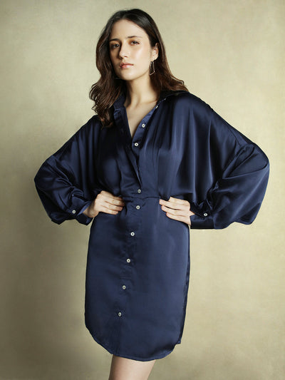 DL Woman Dark Blue Solid Shirt collar Satin Dress