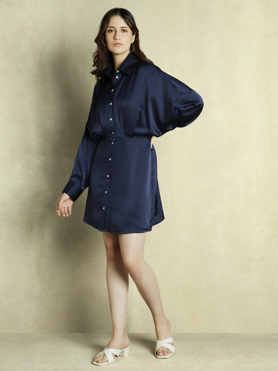 DL Woman Dark Blue Solid Shirt collar Satin Dress