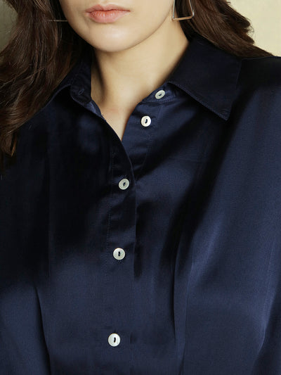 DL Woman Dark Blue Solid Shirt collar Satin Dress