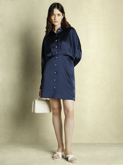 DL Woman Dark Blue Solid Shirt collar Satin Dress