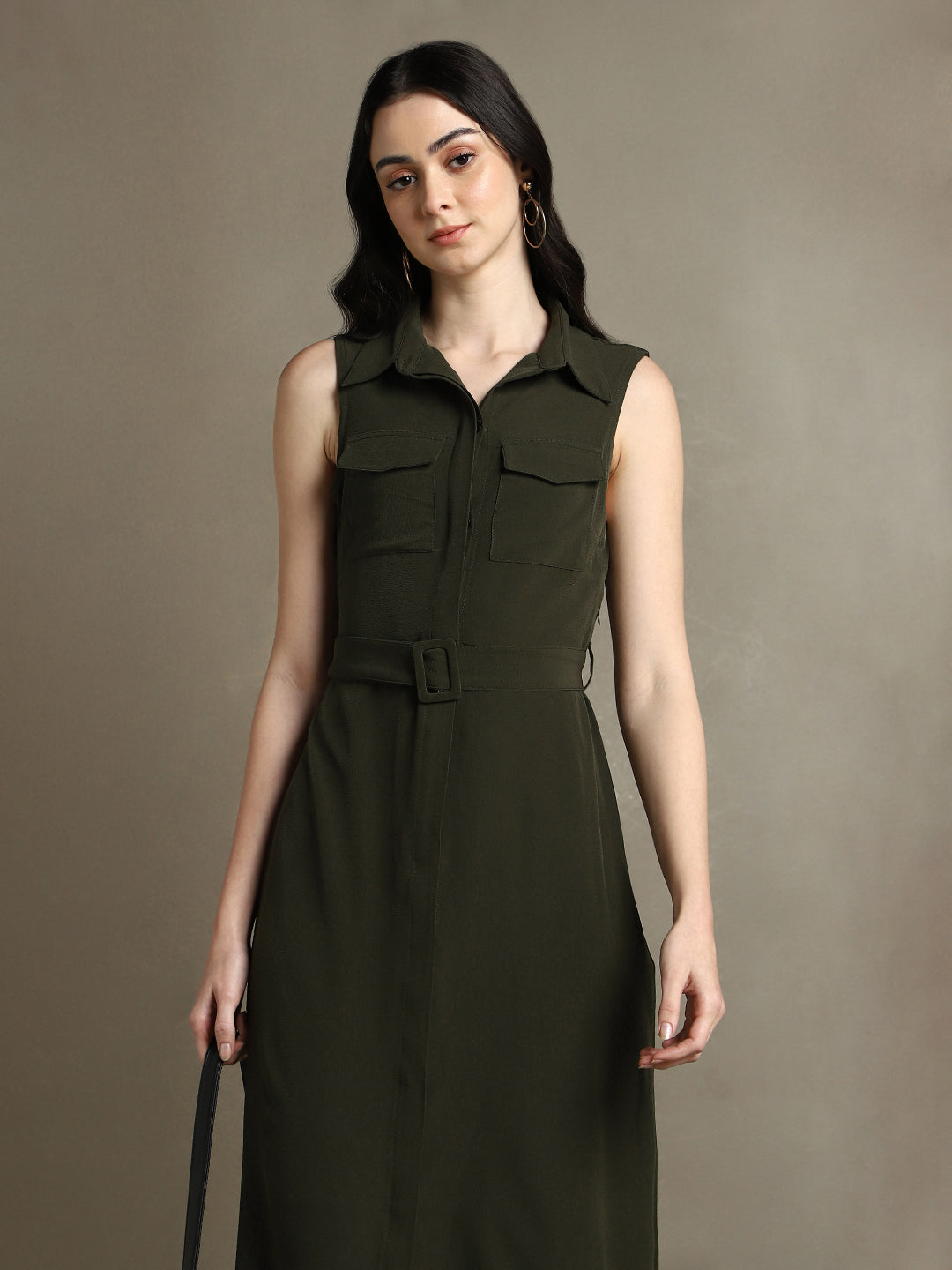 DL Woman Olive Solid Shirt Collar Sleeveless Dress