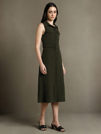 DL Woman Olive Solid Shirt Collar Sleeveless Dress