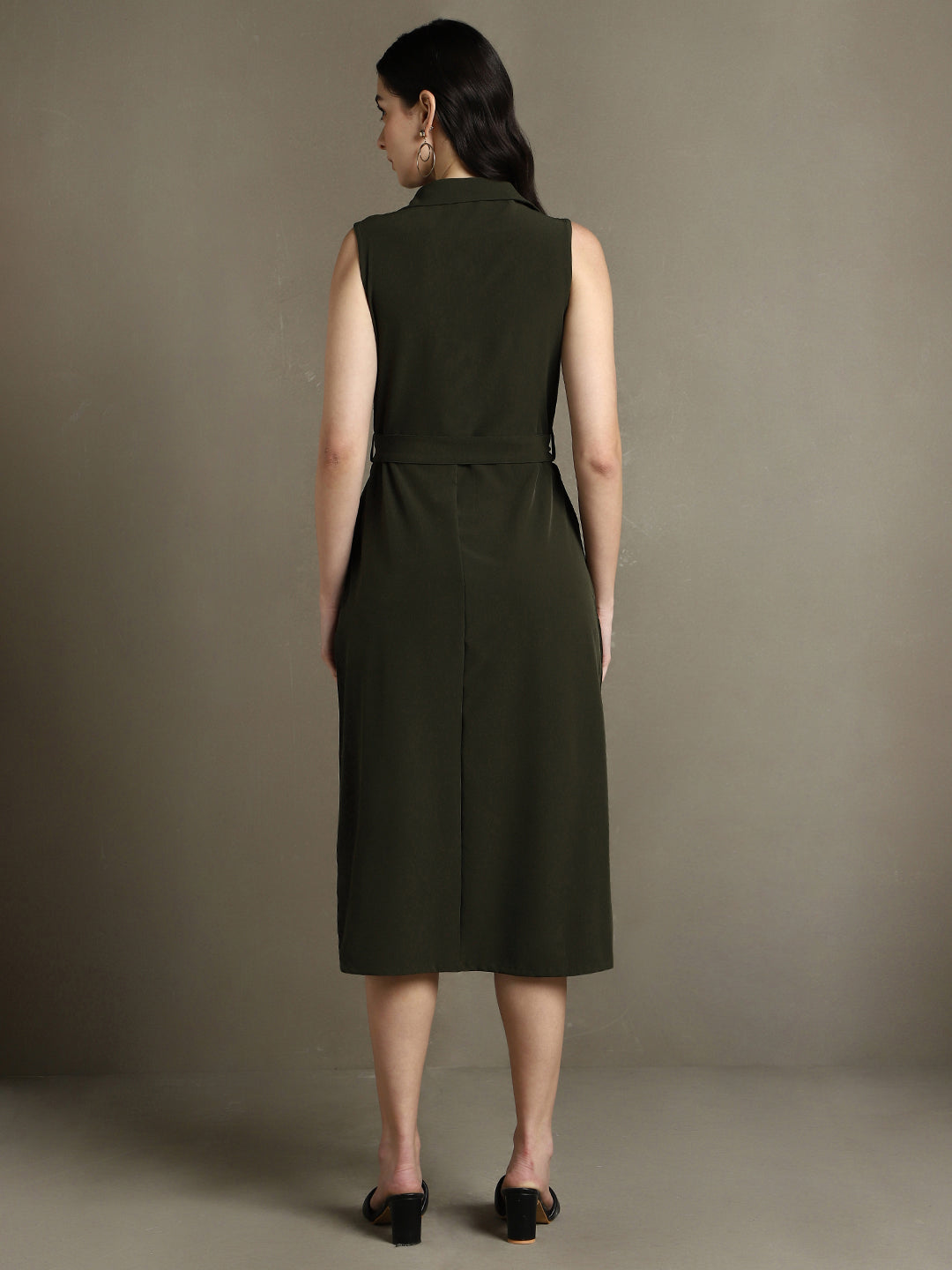 DL Woman Olive Solid Shirt Collar Sleeveless Dress