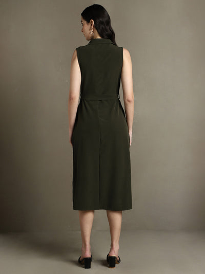 DL Woman Olive Solid Shirt Collar Sleeveless Dress