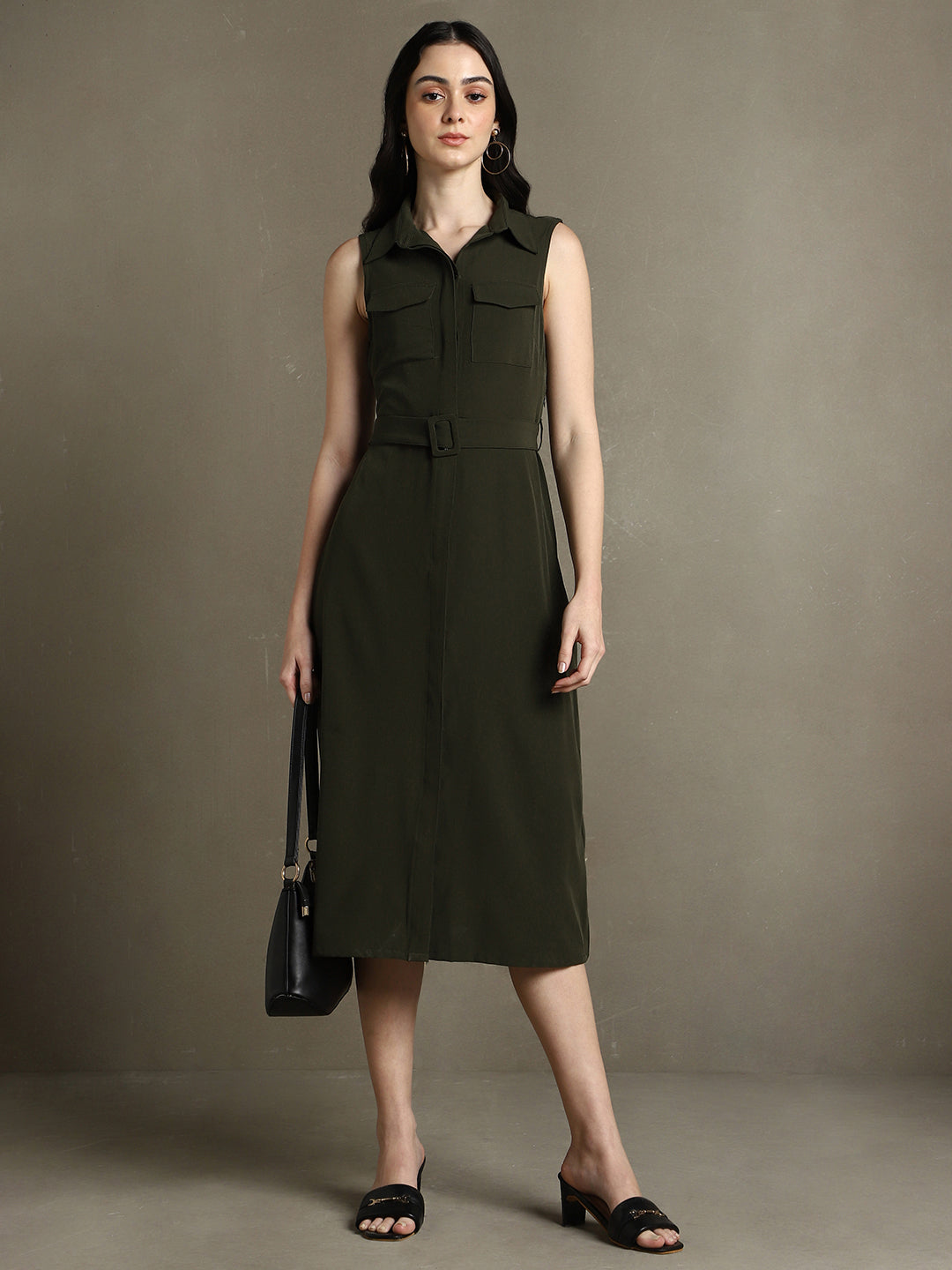 DL Woman Olive Solid Shirt Collar Sleeveless Dress