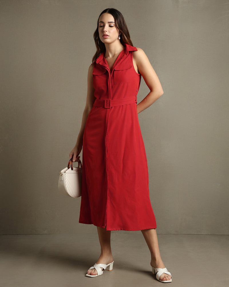 DL Woman Red Solid Shirt Collar Sleeveless Dress