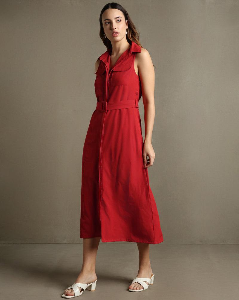 DL Woman Red Solid Shirt Collar Sleeveless Dress