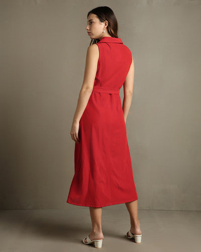 DL Woman Red Solid Shirt Collar Sleeveless Dress