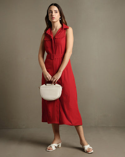 DL Woman Red Solid Shirt Collar Sleeveless Dress