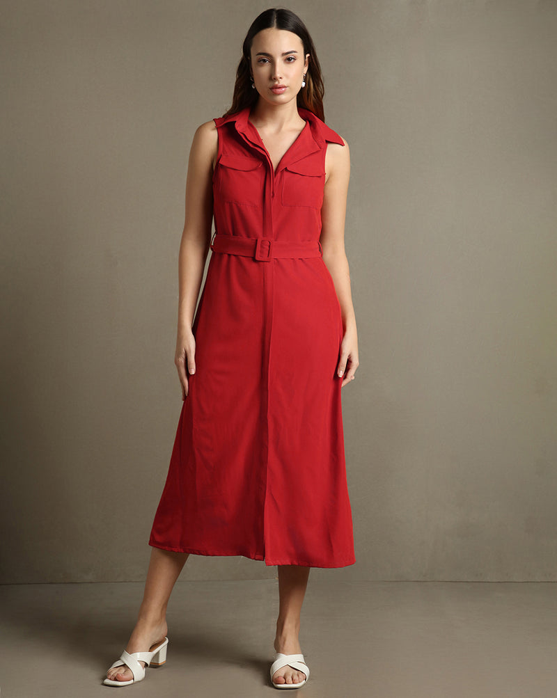 DL Woman Red Solid Shirt Collar Sleeveless Dress