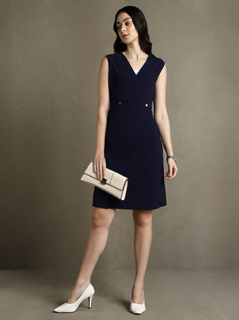 DL Woman Navy Solid V-Neck Sleeveless Dress