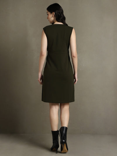 DL Woman Olive Solid V-Neck Sleeveless Dress