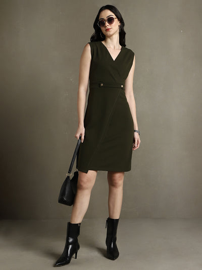 DL Woman Olive Solid V-Neck Sleeveless Dress