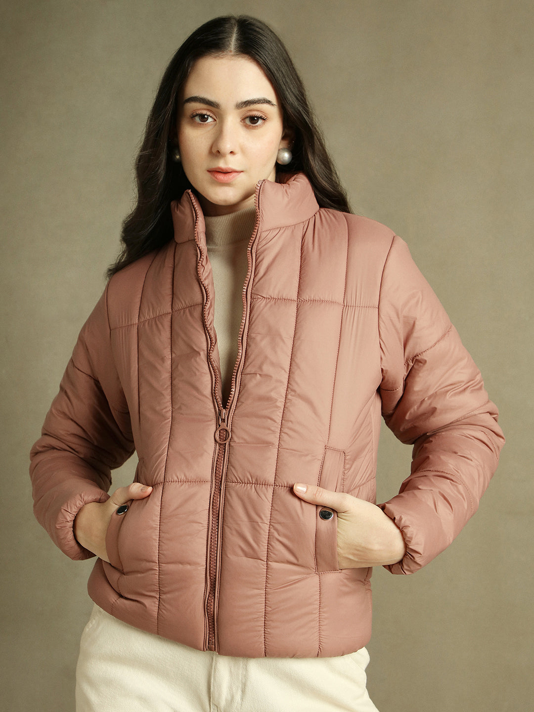 DL Woman Dusty Pink Solid Stand Collar Full sleeves Puffer Jacket DENNIS LINGO