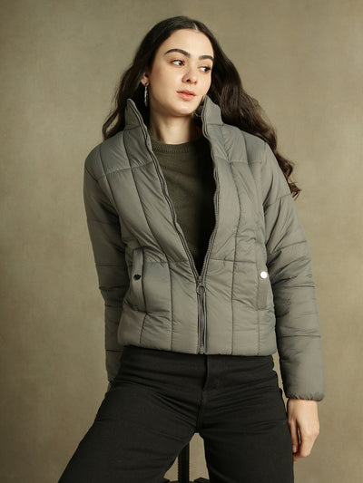 DL Woman Grey Solid Stand Collar Full sleeves Puffer Jacket