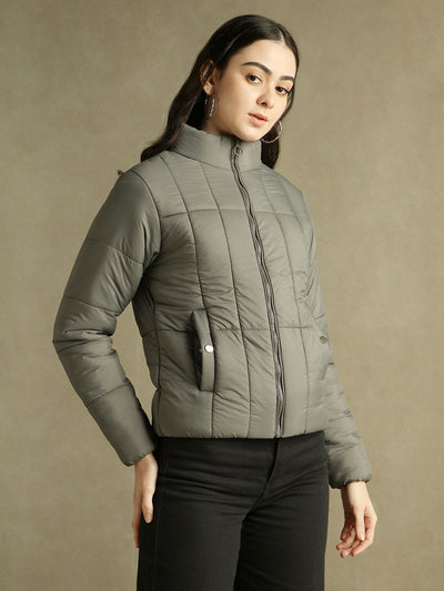 DL Woman Grey Solid Stand Collar Full sleeves Puffer Jacket