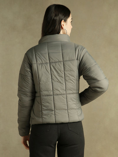 DL Woman Grey Solid Stand Collar Full sleeves Puffer Jacket