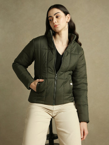 DL Woman Olive Solid Stand Collar Full sleeves Puffer Jacket