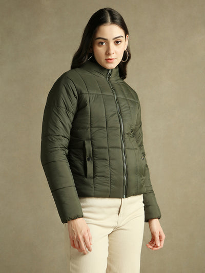 DL Woman Olive Solid Stand Collar Full sleeves Puffer Jacket