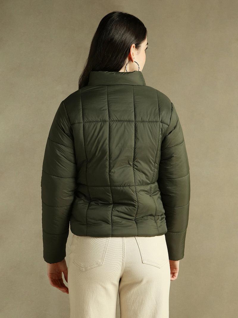 DL Woman Olive Solid Stand Collar Full sleeves Puffer Jacket