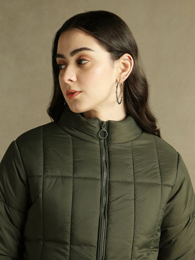 DL Woman Olive Solid Stand Collar Full sleeves Puffer Jacket