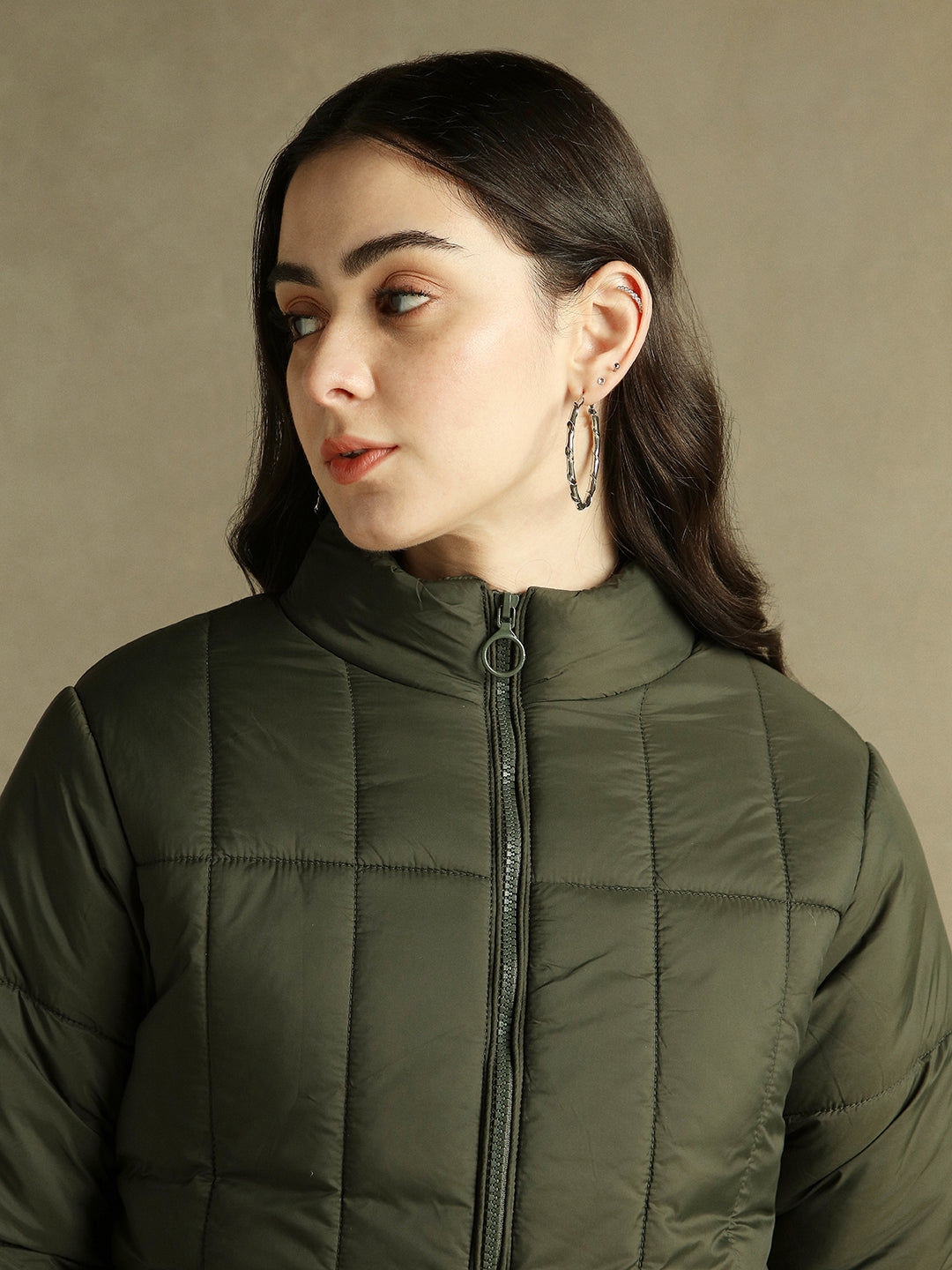 DL Woman Olive Solid Stand Collar Full sleeves Puffer Jacket