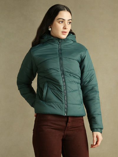 DL Woman Dark Green Hooded Full Sleeves Puffer Jacket