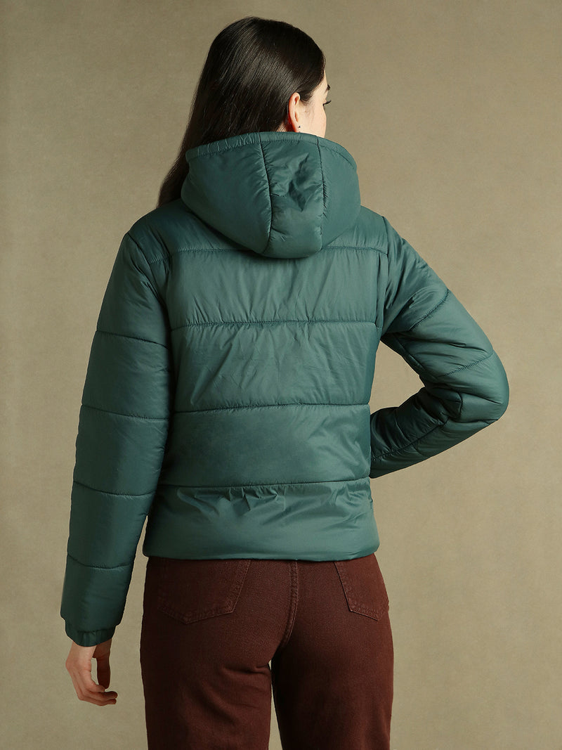 DL Woman Dark Green Hooded Full Sleeves Puffer Jacket