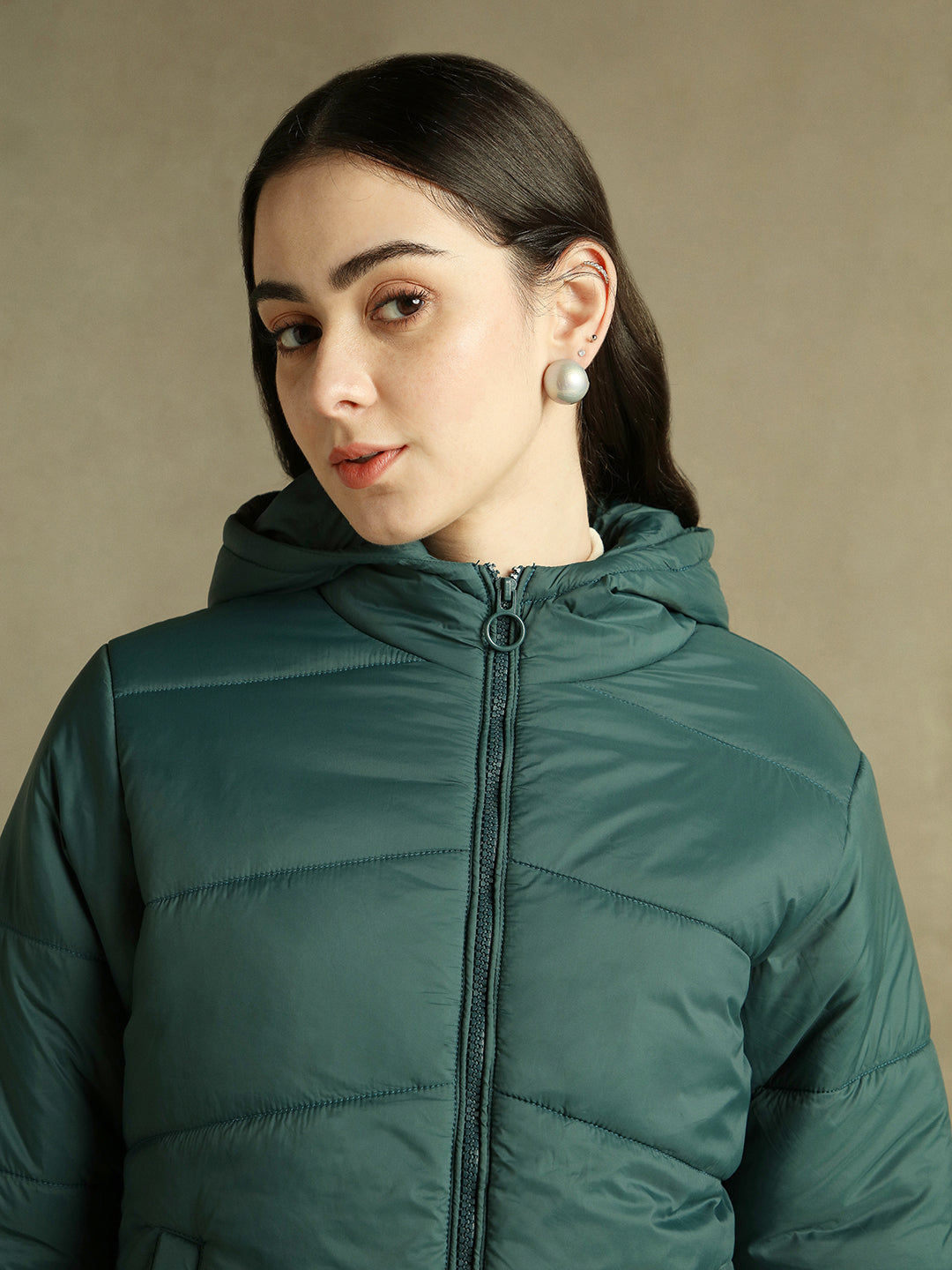 DL Woman Dark Green Hooded Full Sleeves Puffer Jacket