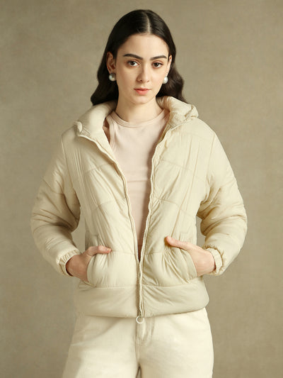 DL Woman Off White Hooded Full Sleeves Puffer Jacket