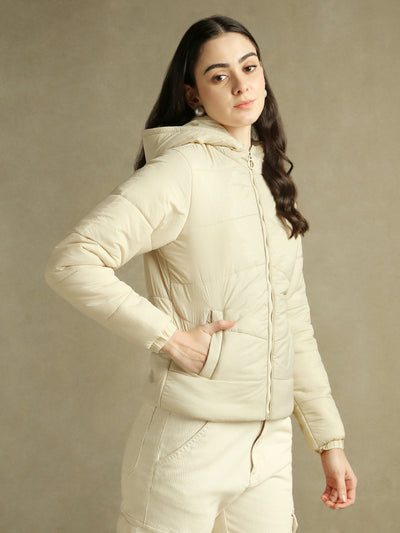 DL Woman Off White Hooded Full Sleeves Puffer Jacket