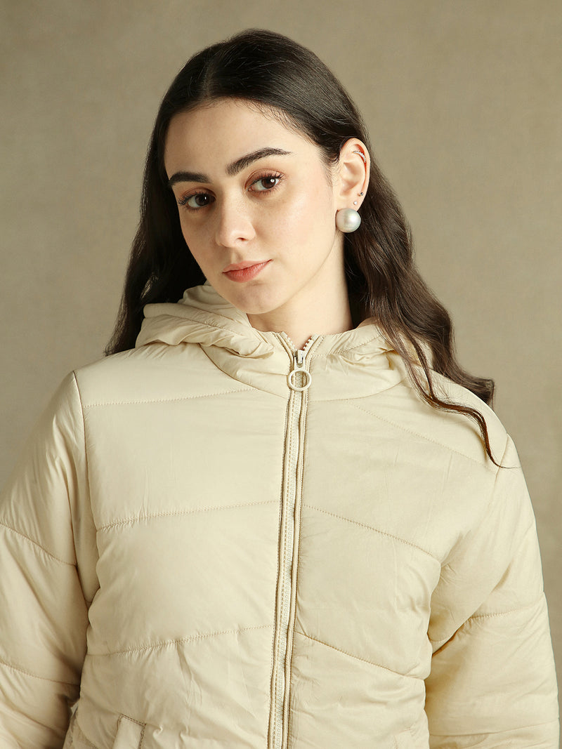 DL Woman Off White Hooded Full Sleeves Puffer Jacket