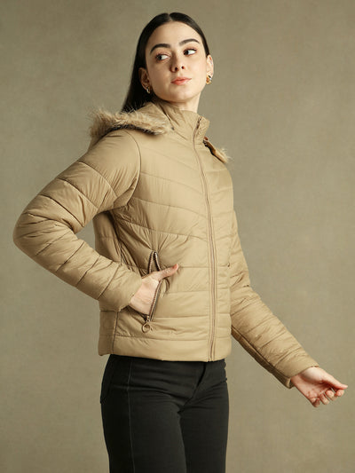 DL Woman Beige Hooded Full Sleeves Puffer Jacket