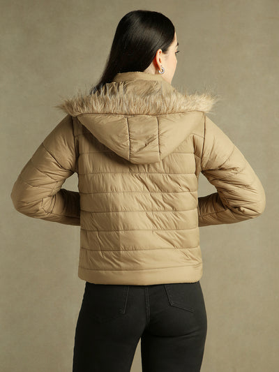 DL Woman Beige Hooded Full Sleeves Puffer Jacket