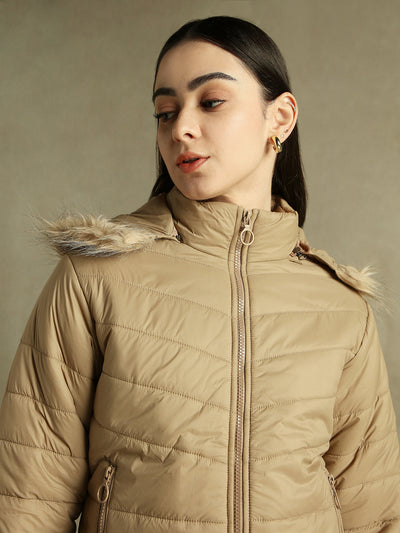 DL Woman Beige Hooded Full Sleeves Puffer Jacket