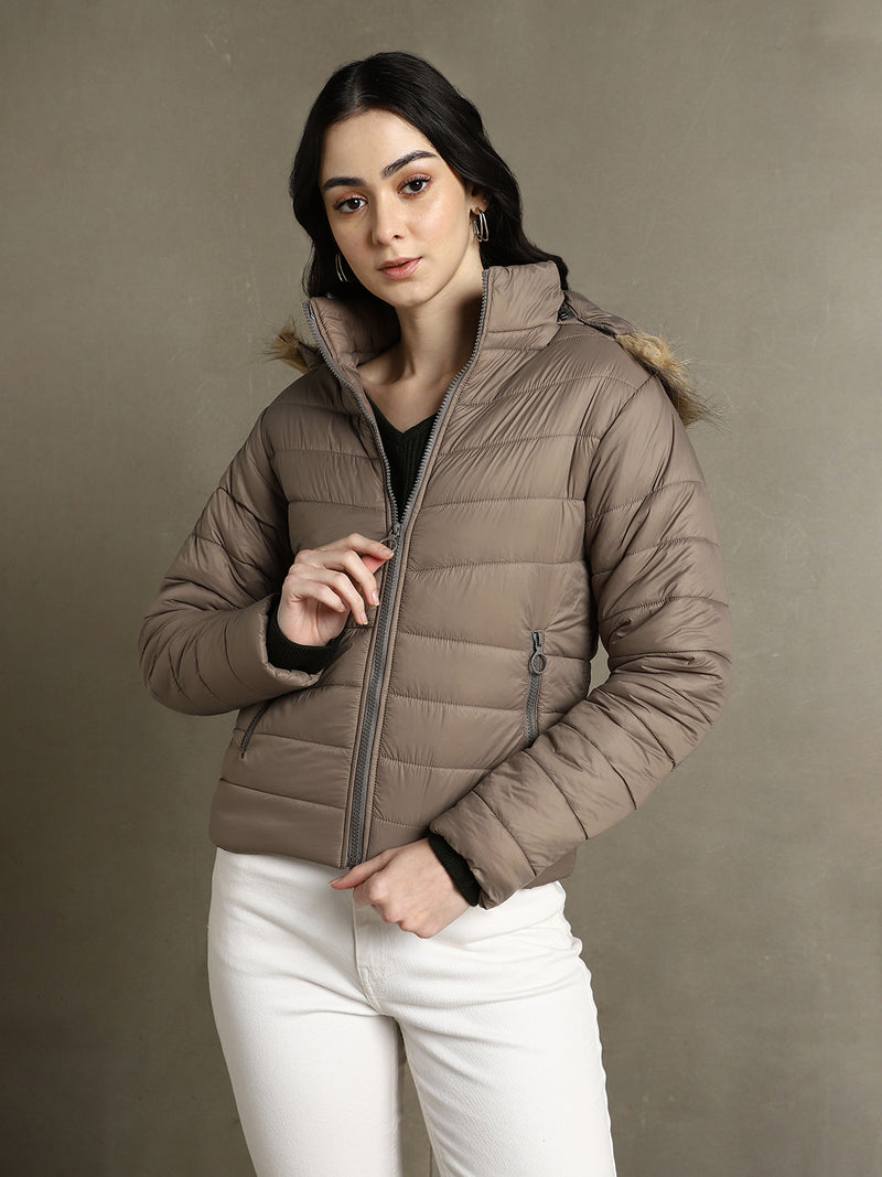 DL Woman Brown Hooded Full Sleeves Puffer Jacket