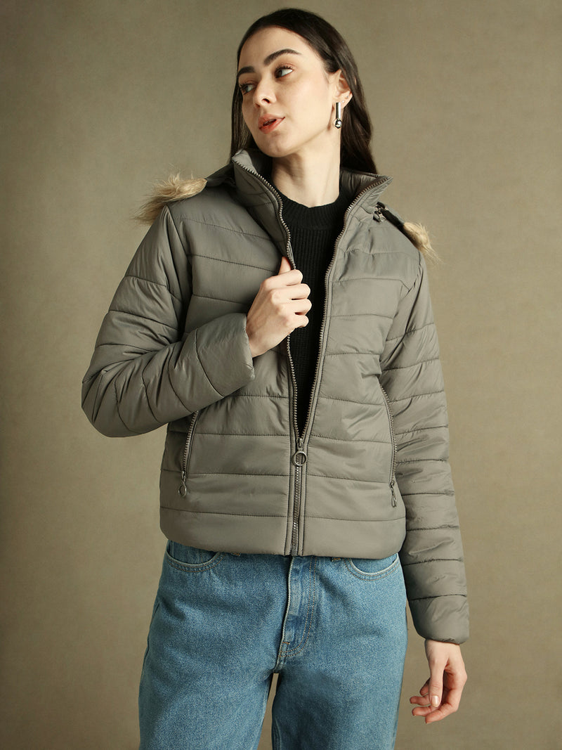 DL Woman Grey Hooded Full Sleeves Puffer Jacket