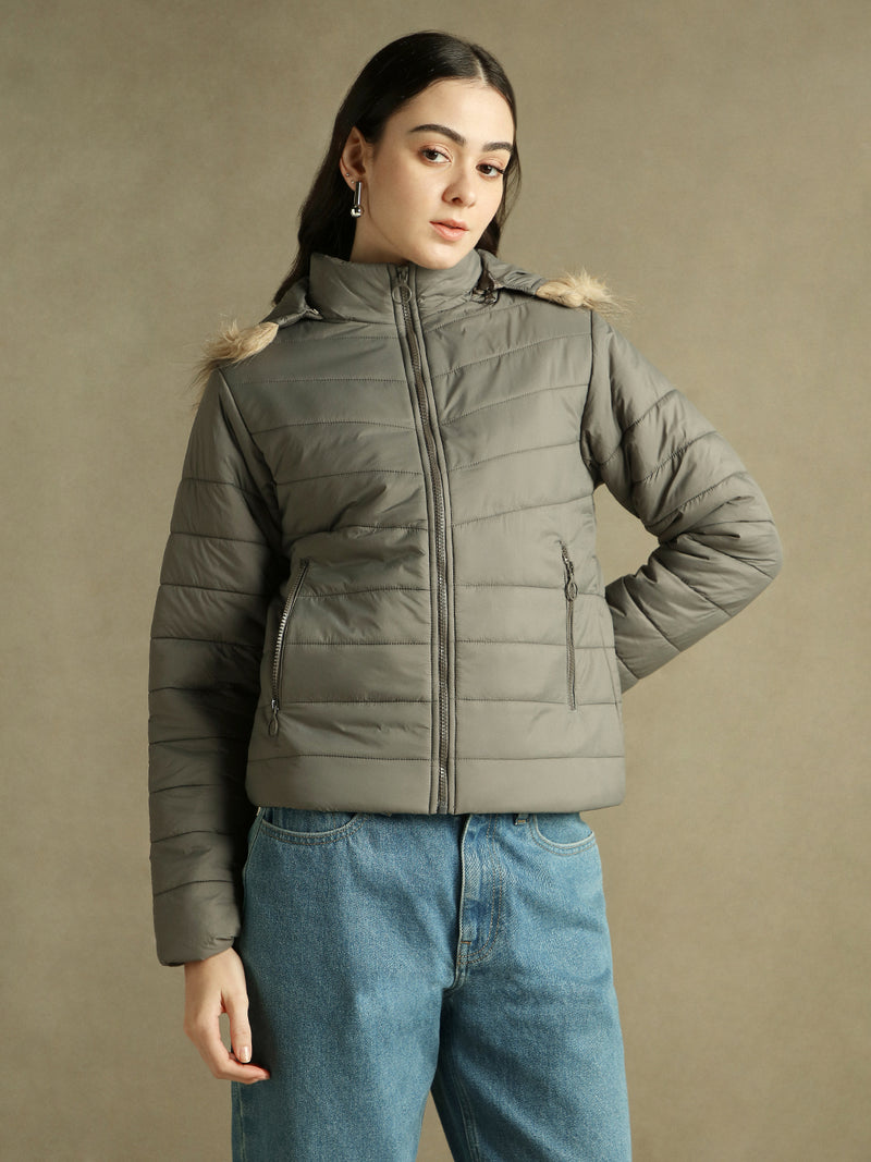 DL Woman Grey Hooded Full Sleeves Puffer Jacket