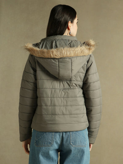 DL Woman Grey Hooded Full Sleeves Puffer Jacket