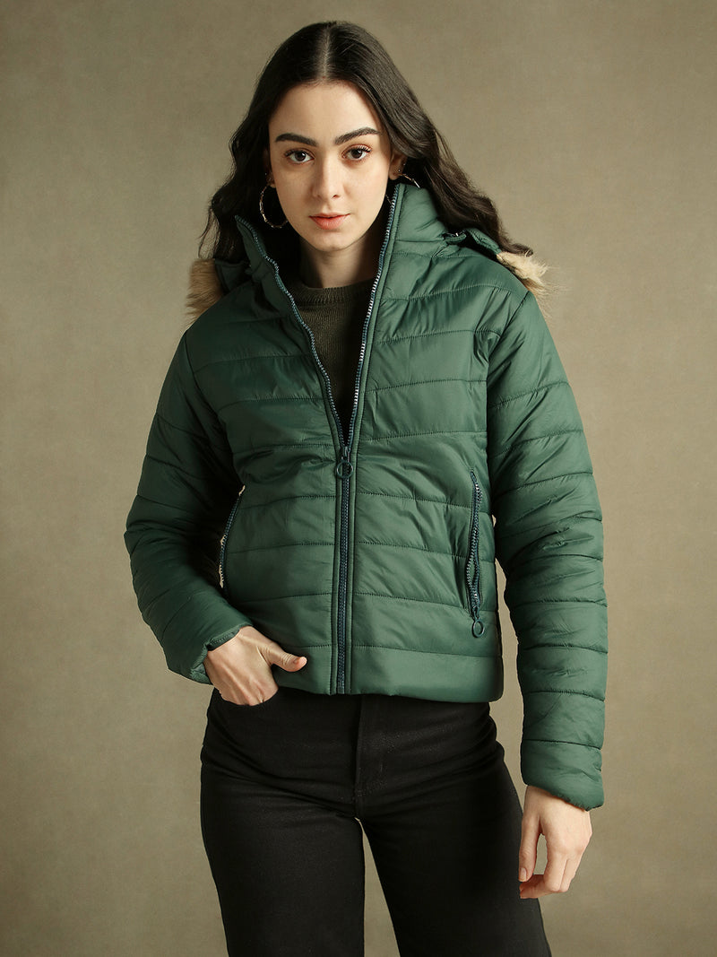 DL Woman Dark Green Hooded Full Sleeves Puffer Jacket