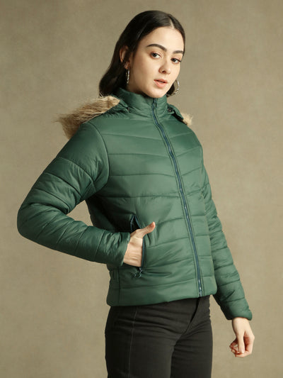 DL Woman Dark Green Hooded Full Sleeves Puffer Jacket