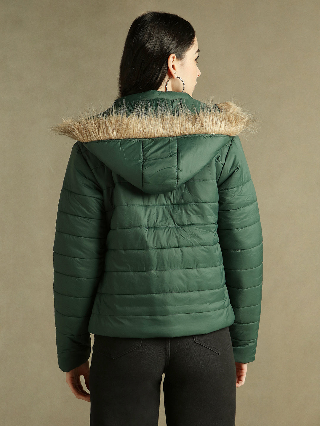 DL Woman Dark Green Hooded Full Sleeves Puffer Jacket