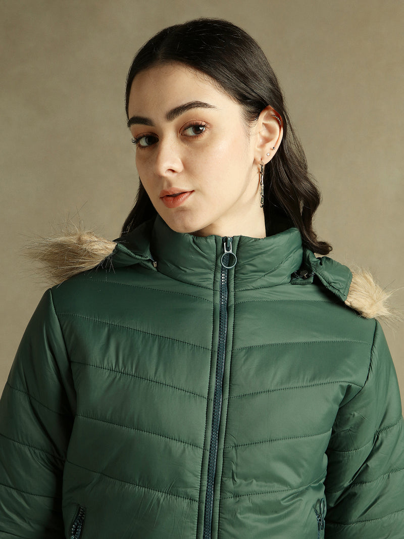 DL Woman Dark Green Hooded Full Sleeves Puffer Jacket