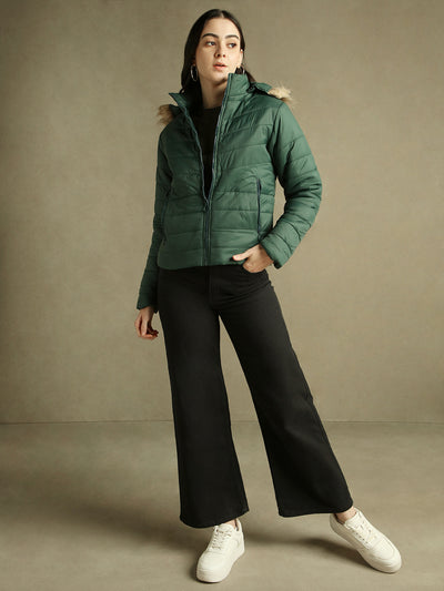 DL Woman Dark Green Hooded Full Sleeves Puffer Jacket