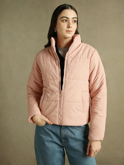 DL Woman Peach Solid Mock Collar Full sleeves Puffer Jacket