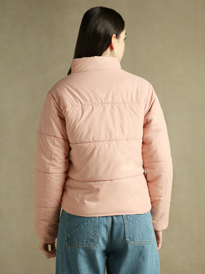 DL Woman Peach Solid Mock Collar Full sleeves Puffer Jacket