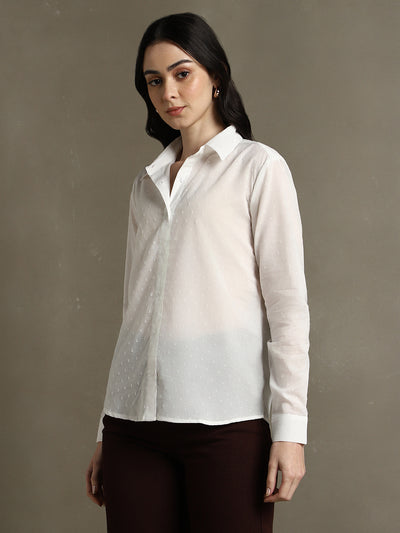 DL Woman White Solid Textured Spread Collar Full Sleeves Shirt