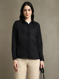 DL Woman Black Solid Textured Spread Collar Full Sleeves Shirt